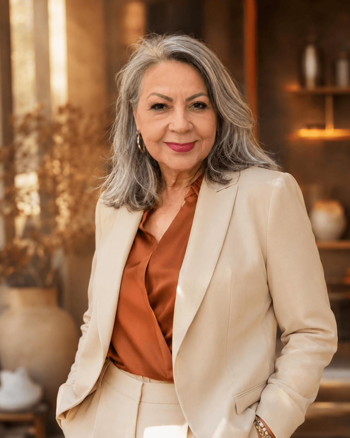 Maggie Nevarez, elegante y sonriente, junto a su camioneta